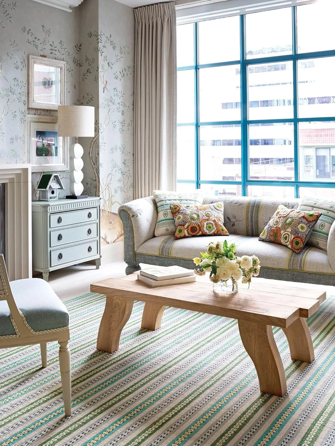 Dash & Albert x Kit Kemp Long Slade Teal Handwoven Cotton Rug, 5 X 8 Feet, Multi Stripe Pattern