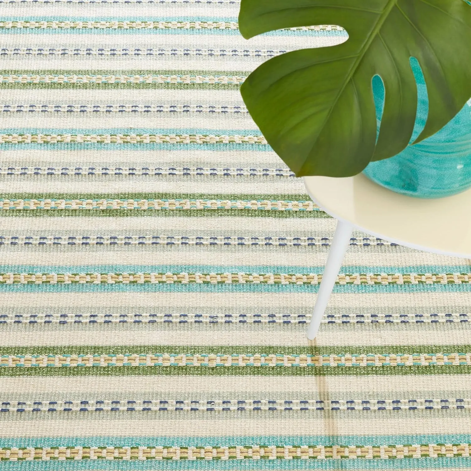 Dash & Albert x Kit Kemp Long Slade Teal Handwoven Cotton Rug, 5 X 8 Feet, Multi Stripe Pattern