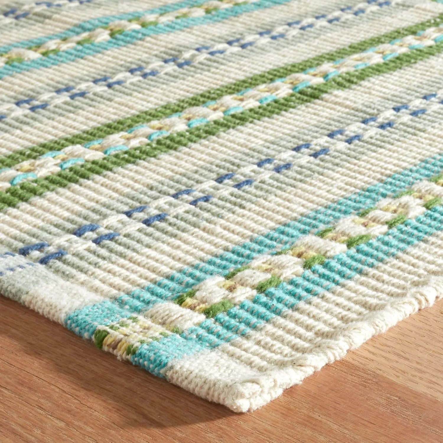 Dash & Albert x Kit Kemp Long Slade Teal Handwoven Cotton Rug, 5 X 8 Feet, Multi Stripe Pattern