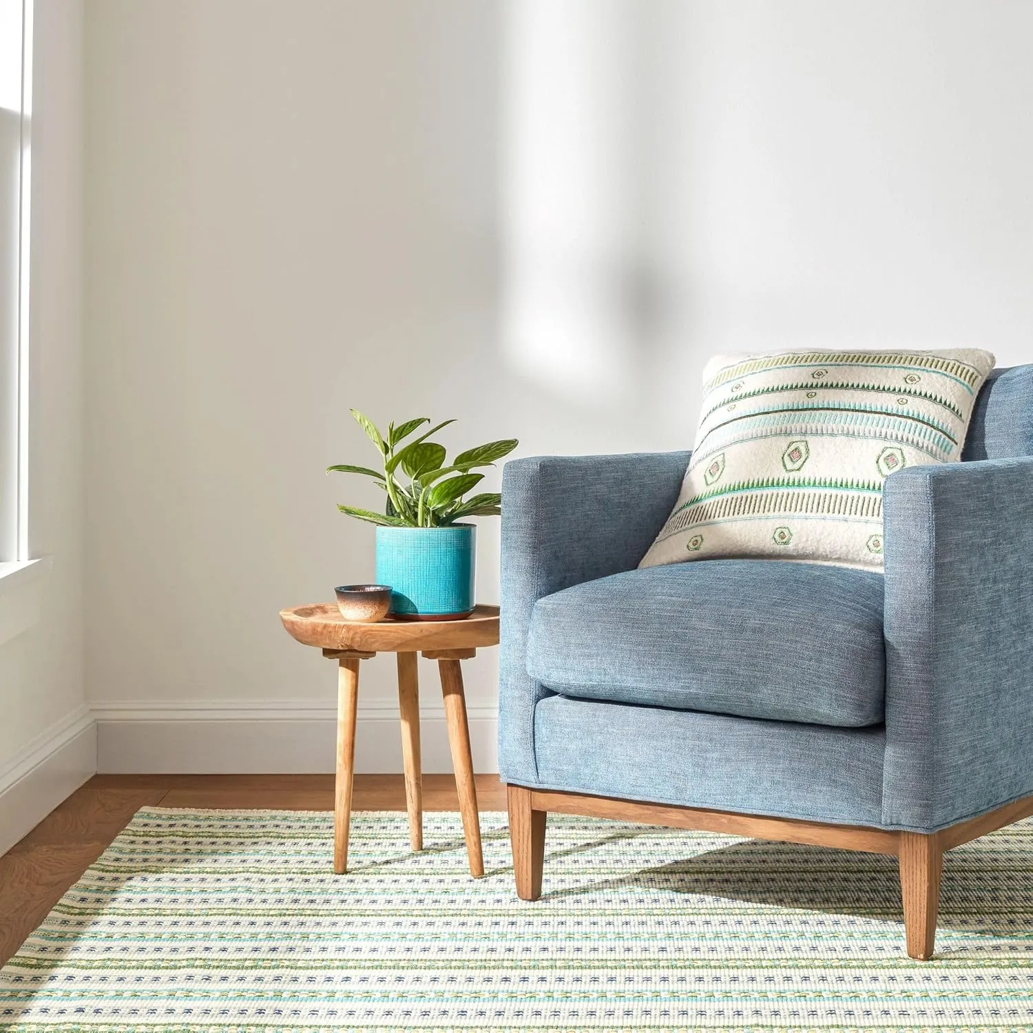 Dash & Albert x Kit Kemp Long Slade Teal Handwoven Cotton Rug, 5 X 8 Feet, Multi Stripe Pattern