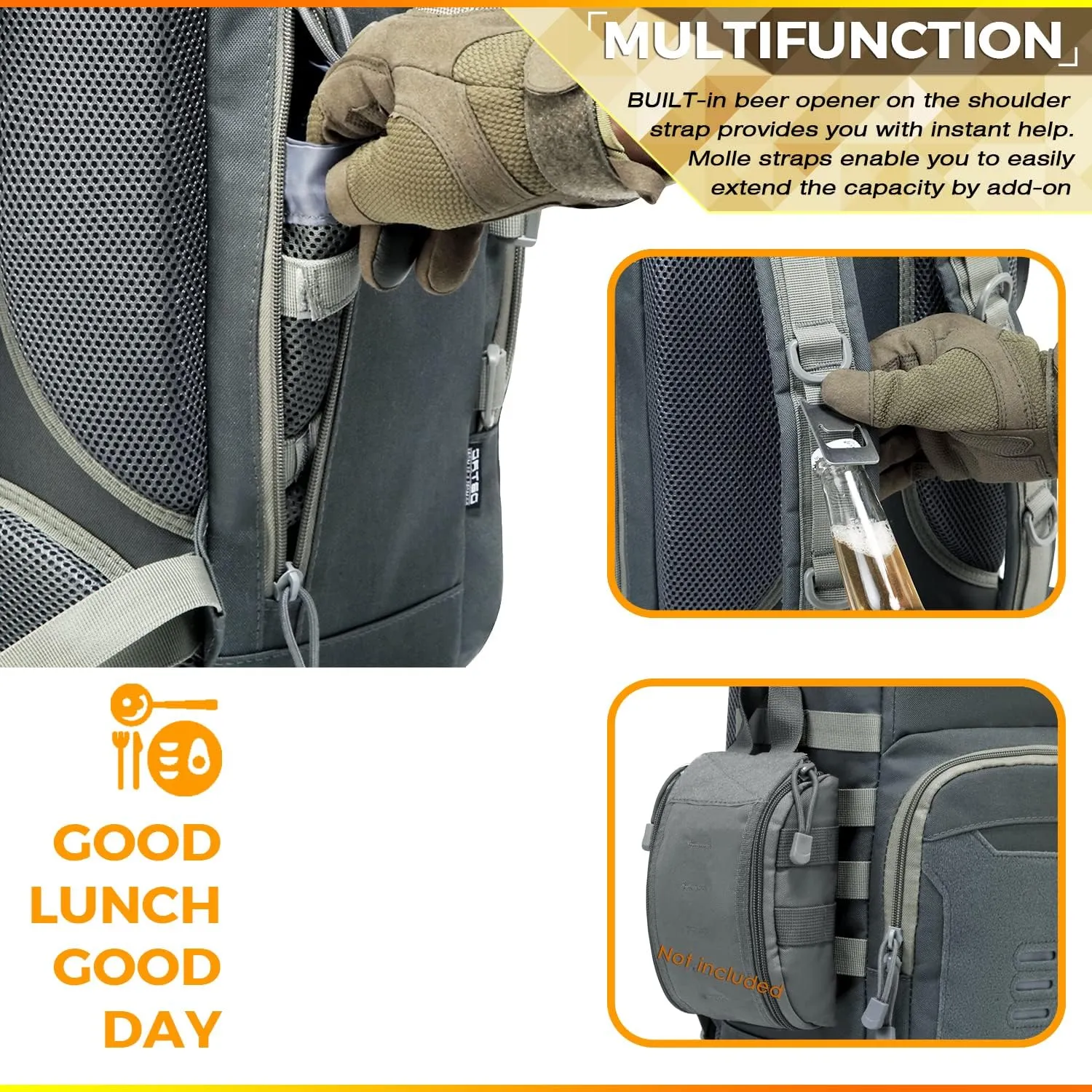 DBTAC Tactical Lunch Backpack, Large Lunch Cooler for Men Women | Backpack Coolers insulated for Work Picnic Travel (Arsenic Gray, 24-Cans)