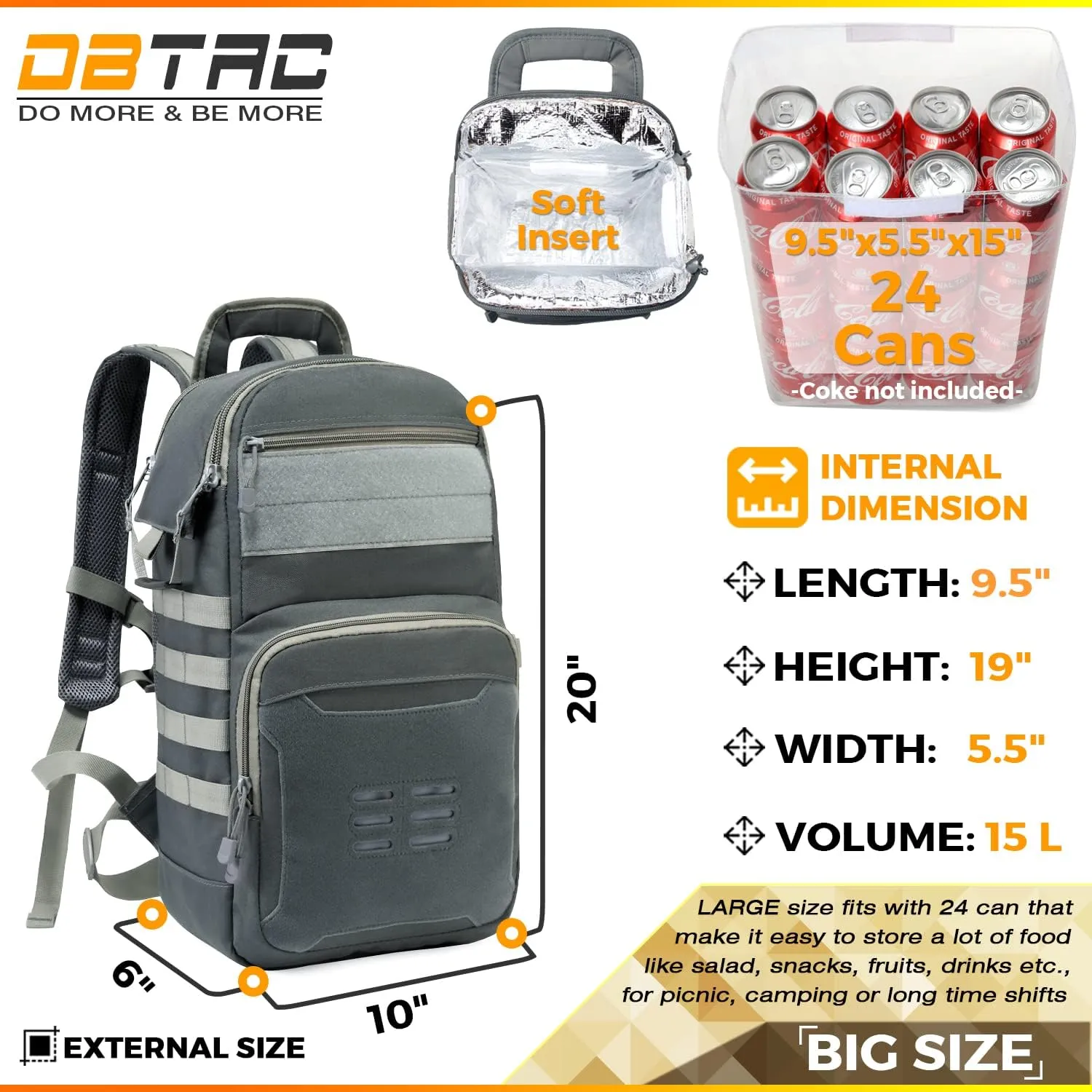 DBTAC Tactical Lunch Backpack, Large Lunch Cooler for Men Women | Backpack Coolers insulated for Work Picnic Travel (Arsenic Gray, 24-Cans)