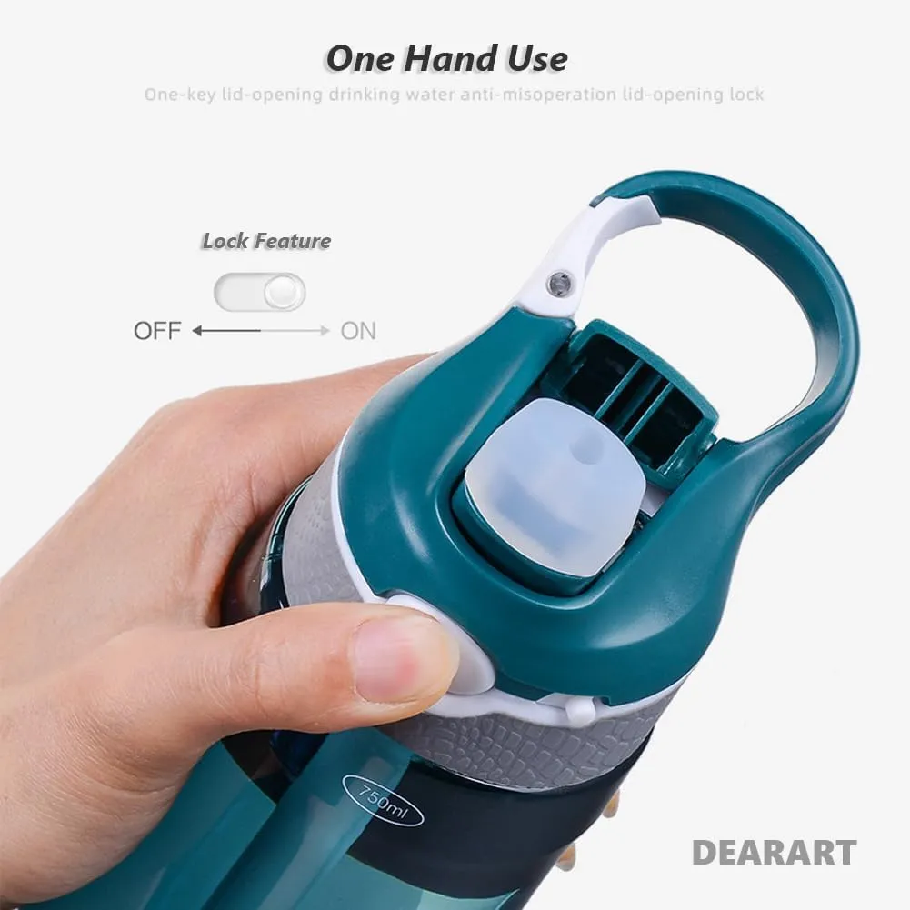 DEARART 24oz Water Bottles With Straw, Leakproof BPA FREE Hidden Nozzle, Flip Up Lid Has Handle Wide Bottle Easy Clear, Suit Office Sports Travel Gym Yoga, Dark Cyan