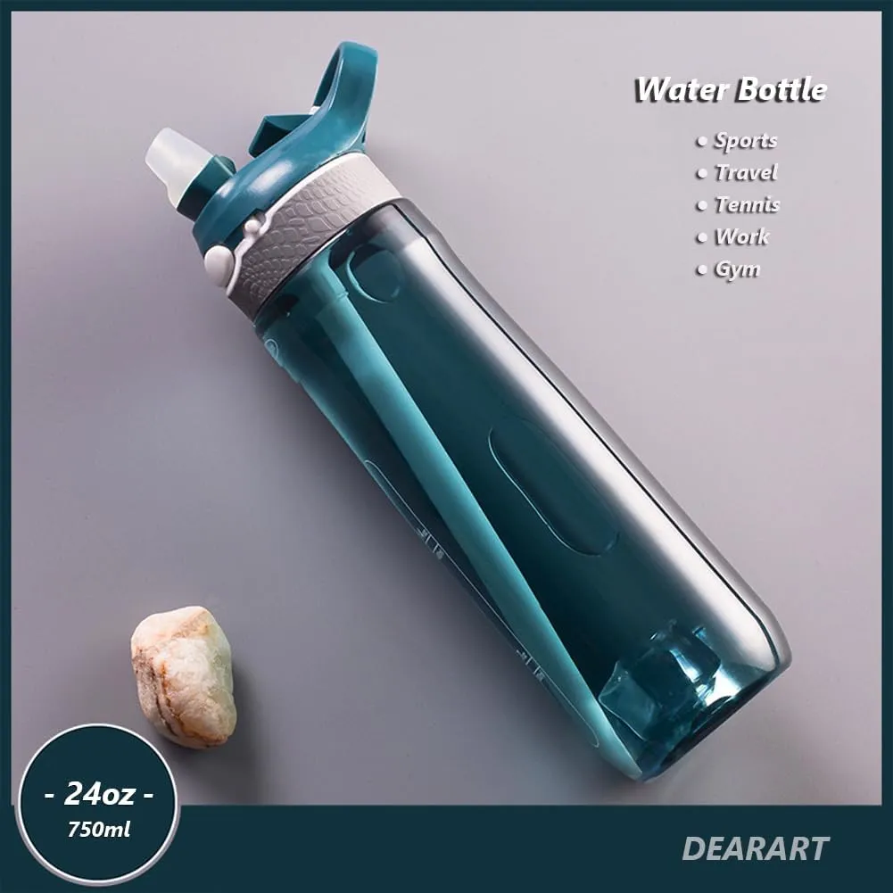 DEARART 24oz Water Bottles With Straw, Leakproof BPA FREE Hidden Nozzle, Flip Up Lid Has Handle Wide Bottle Easy Clear, Suit Office Sports Travel Gym Yoga, Dark Cyan