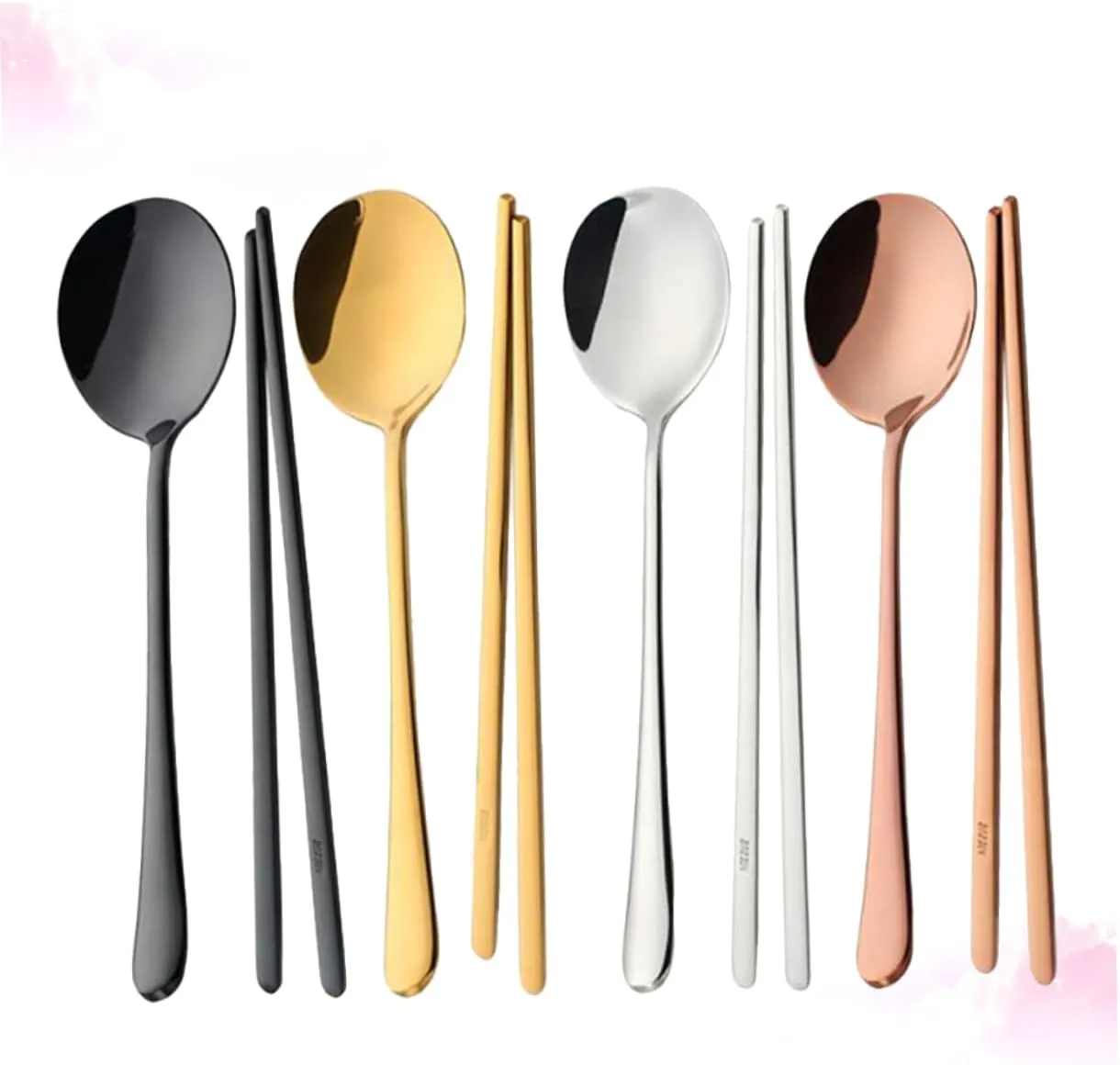 DECHOUS 4 Set Korean Silverware Sets Cute Colored Cutlery Dinner Service Spoons Chopsticks Stainless Steel Portable Tableware Kit