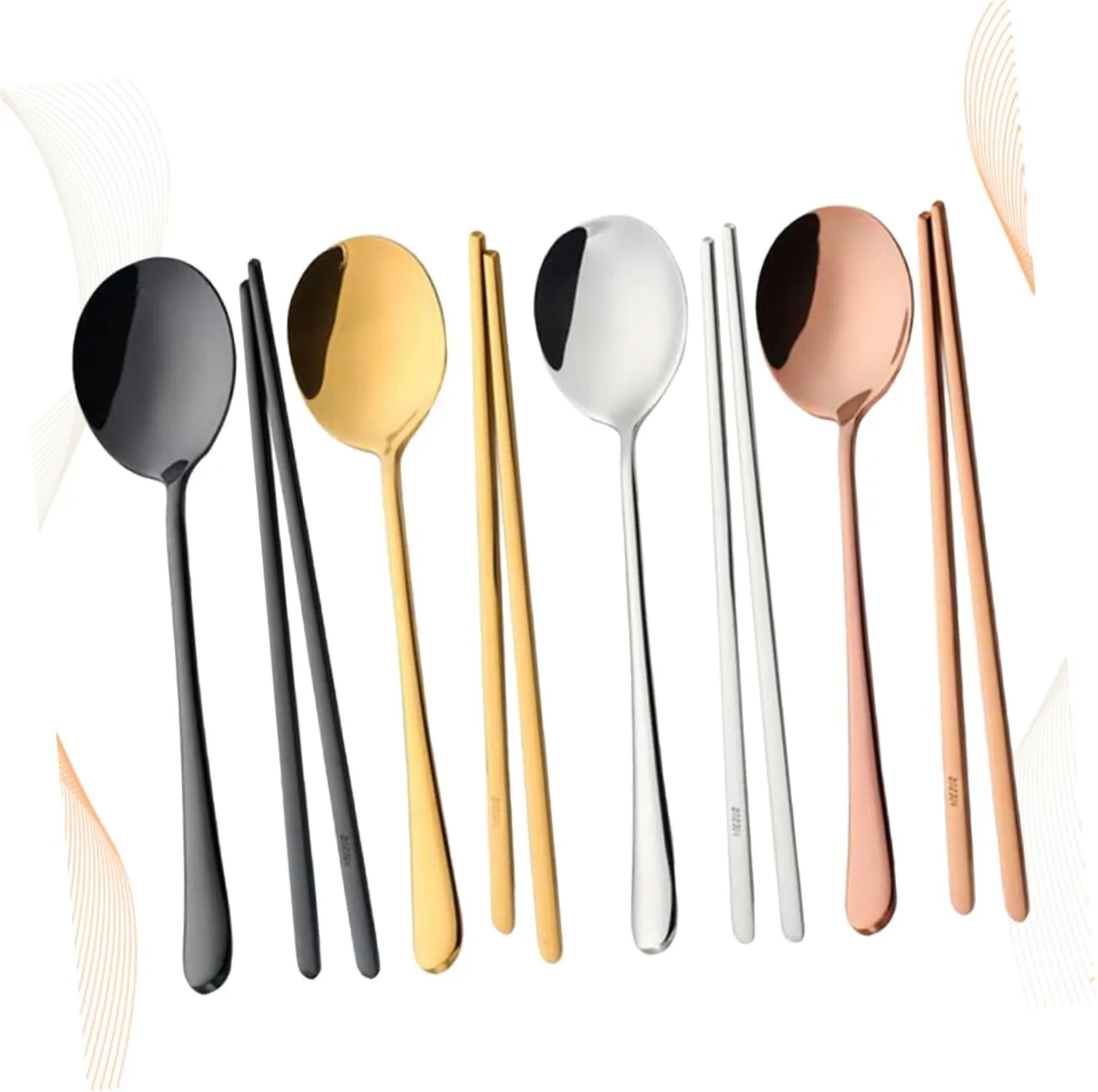 DECHOUS 4 Set Korean Silverware Sets Cute Colored Cutlery Dinner Service Spoons Chopsticks Stainless Steel Portable Tableware Kit
