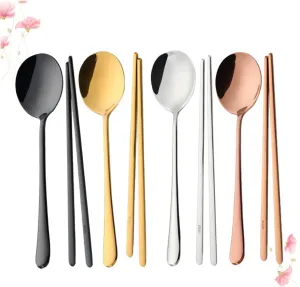 DECHOUS 4 Set Korean Silverware Sets Cute Colored Cutlery Dinner Service Spoons Chopsticks Stainless Steel Portable Tableware Kit