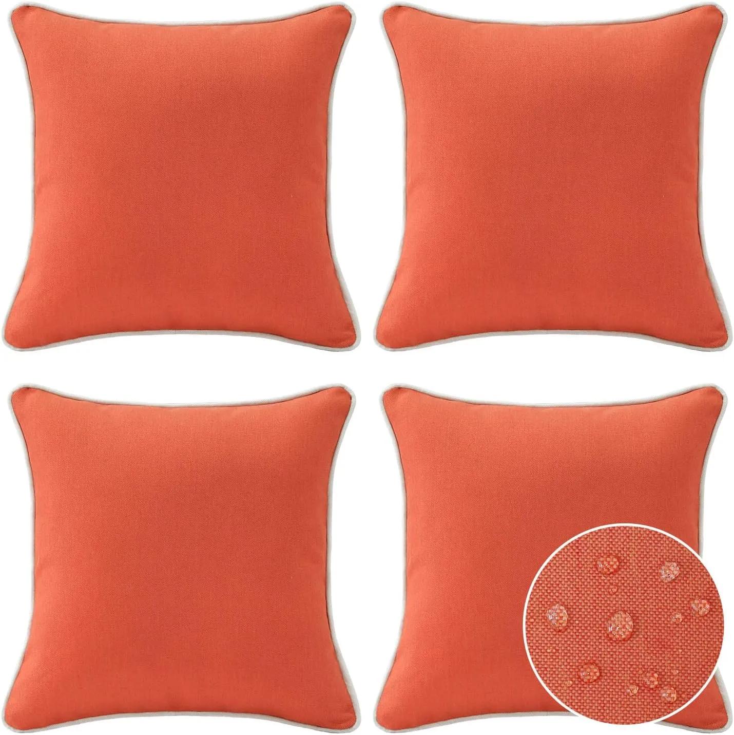 Decorative Outdoor Waterproof Throw Pillows with Inserts, Set of 4, 18" x18" Pillows for Patio, Backyard, Bed, Couch, and Patio Furniture, Coral Orange