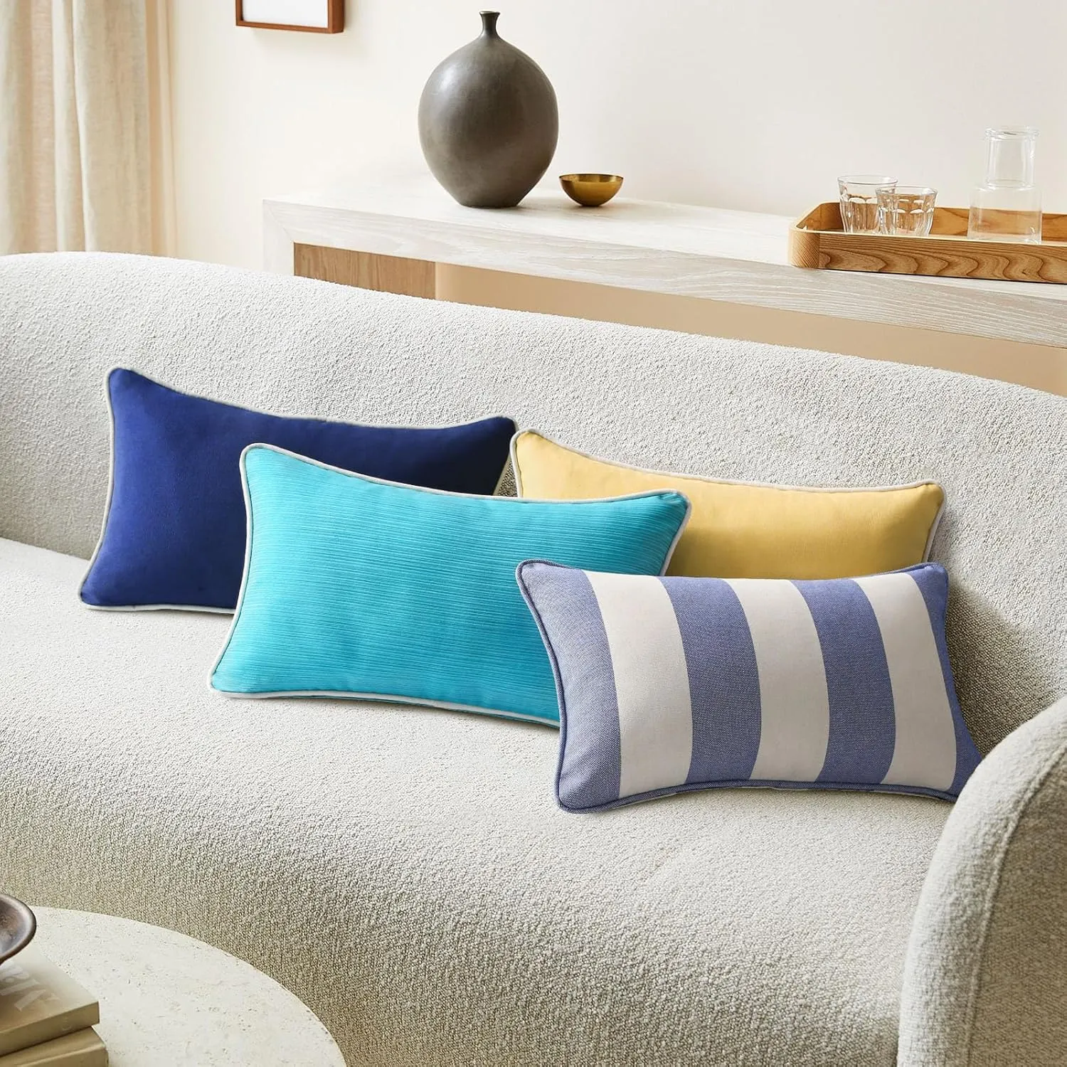 Decorative Outdoor Waterproof Throw Pillows with Inserts, Set of 4, 20" x12" Pillows for Patio, Backyard, Bed, Couch, and Patio Furniture, Navy Stripe