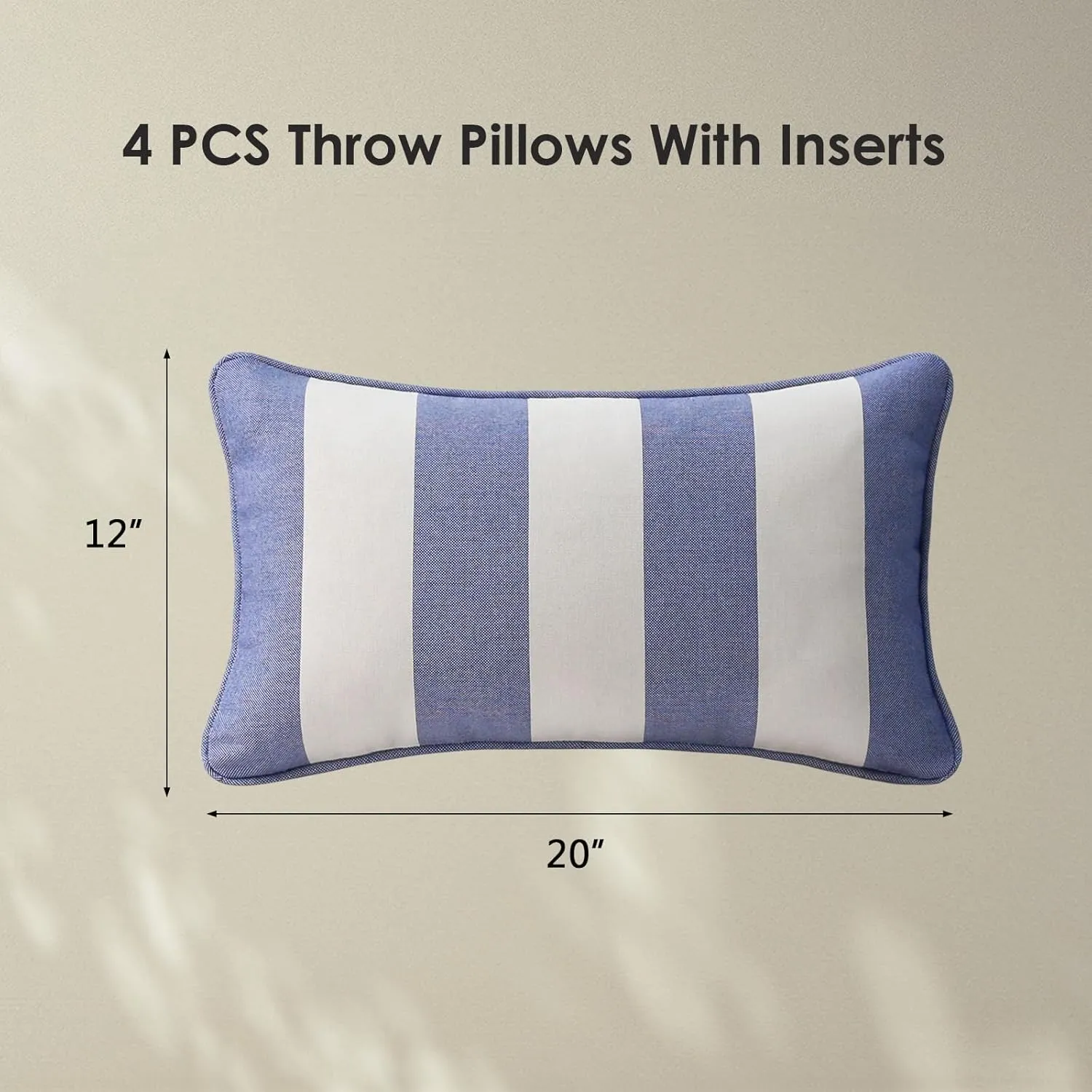 Decorative Outdoor Waterproof Throw Pillows with Inserts, Set of 4, 20" x12" Pillows for Patio, Backyard, Bed, Couch, and Patio Furniture, Navy Stripe