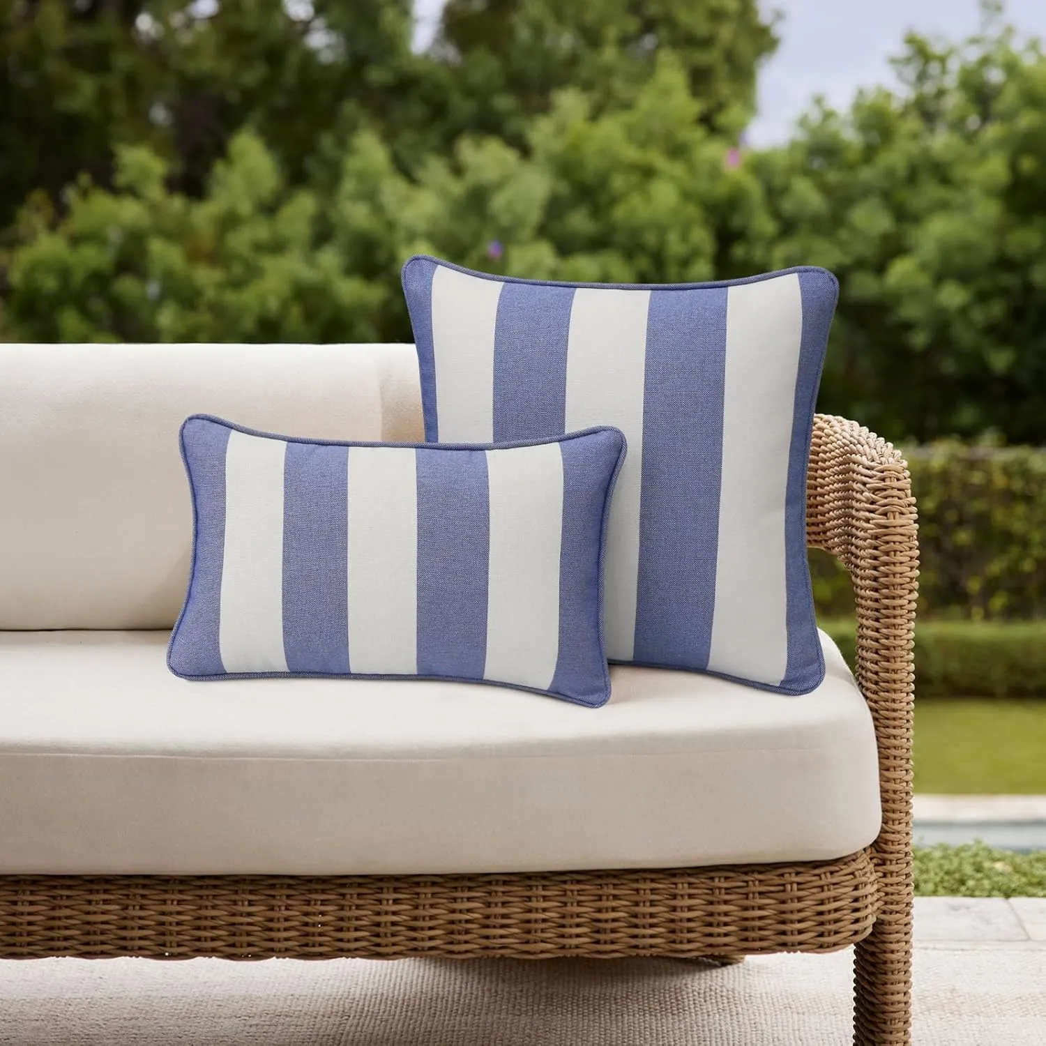 Decorative Outdoor Waterproof Throw Pillows with Inserts, Set of 4, 20" x12" Pillows for Patio, Backyard, Bed, Couch, and Patio Furniture, Navy Stripe