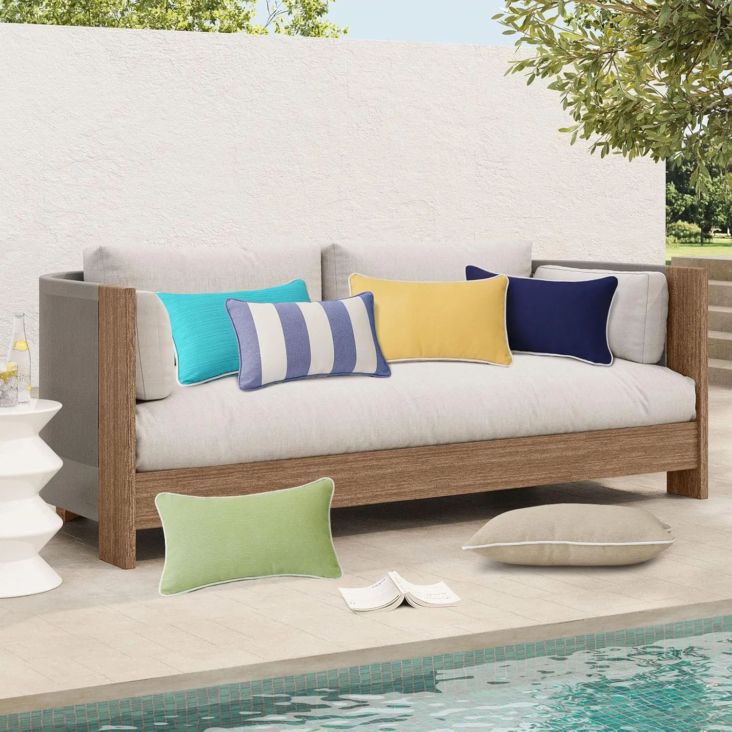 Decorative Outdoor Waterproof Throw Pillows with Inserts, Set of 4, 20" x12" Pillows for Patio, Backyard, Bed, Couch, and Patio Furniture, Navy Stripe
