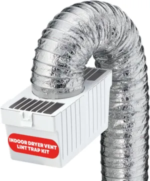 Deflecto LTF Indoor Dryer Vent Lint Trap Kit – Energy-Efficient Venting Solution with Supurr-Flex Flexible Duct, Plastic Lint Reservoir and Secure Clamps for Electric Dryers |Pack of 1 - White/Silver