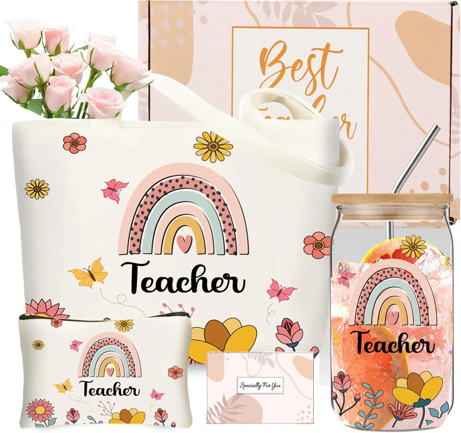 DHQH Teacher Christmas Gifts for Women - Funny Teacher Gift Set with 16OZ Glass Cup, Tote Bag & Thank You Gift Ideas from Mom or Sister