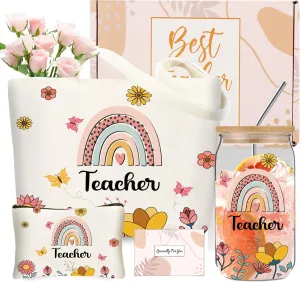 DHQH Teacher Christmas Gifts for Women - Funny Teacher Gift Set with 16OZ Glass Cup, Tote Bag & Thank You Gift Ideas from Mom or Sister