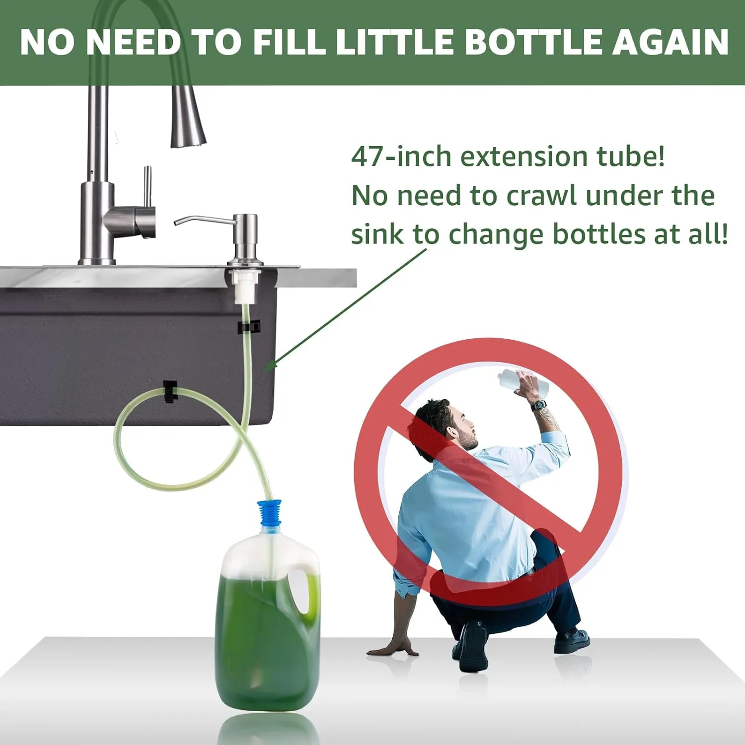 Dish Soap Dispenser for Kitchen Sink, Built in Sink Soap Dispenser Chrome, Countertop Soap Dispenser Stainless Steel Pump with 47" Extension Tube kit, No Need to Fill Little Bottle Again