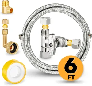 Dishwasher Hose Installation Kit - Includes Water Supply Line, 3/8" Compression Water Splitter, 3/4" FHT Elbow, and 3/8" MIP Elbow (6 FT)