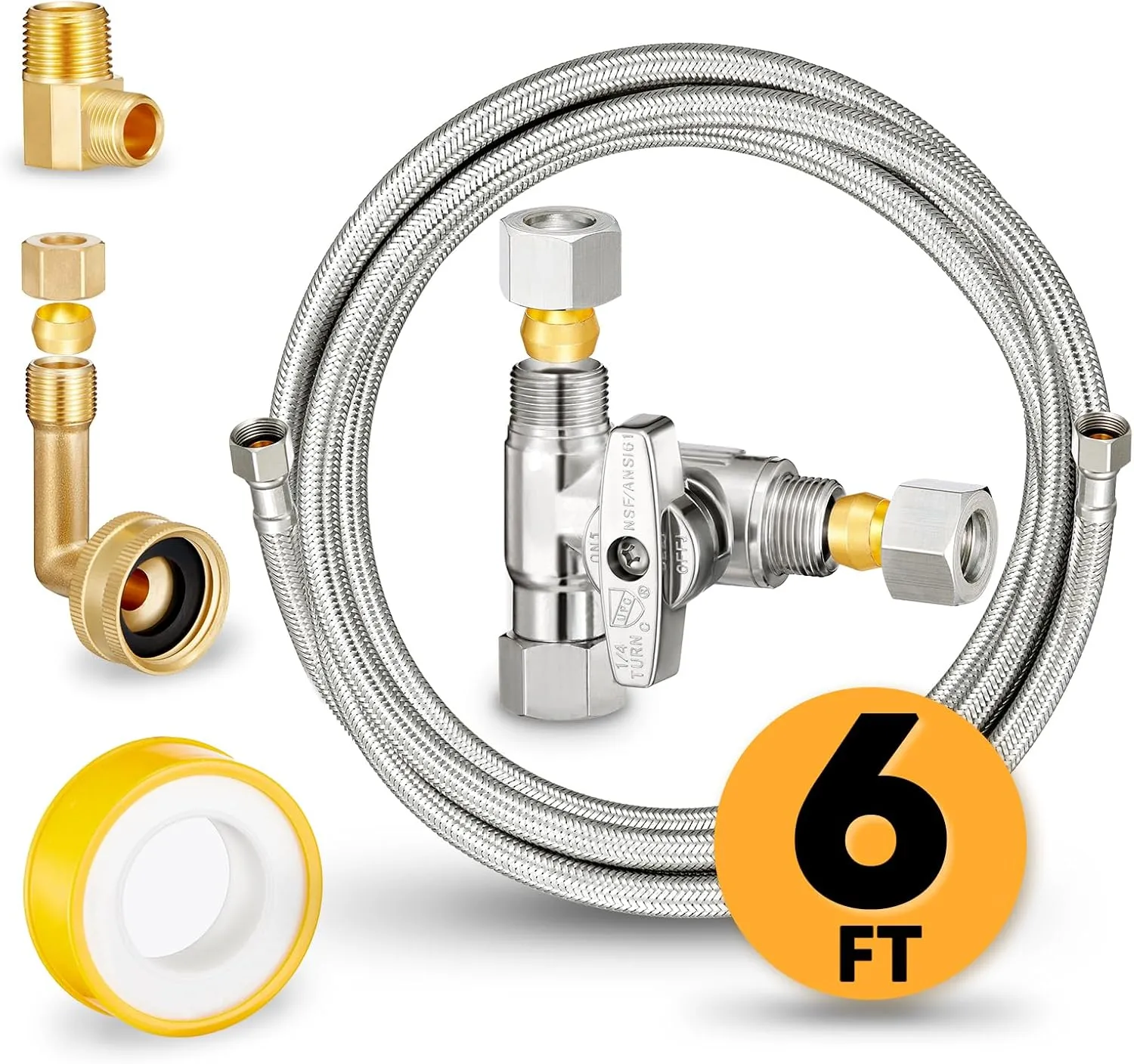Dishwasher Hose Installation Kit - Includes Water Supply Line, 3/8" Compression Water Splitter, 3/4" FHT Elbow, and 3/8" MIP Elbow (6 FT)