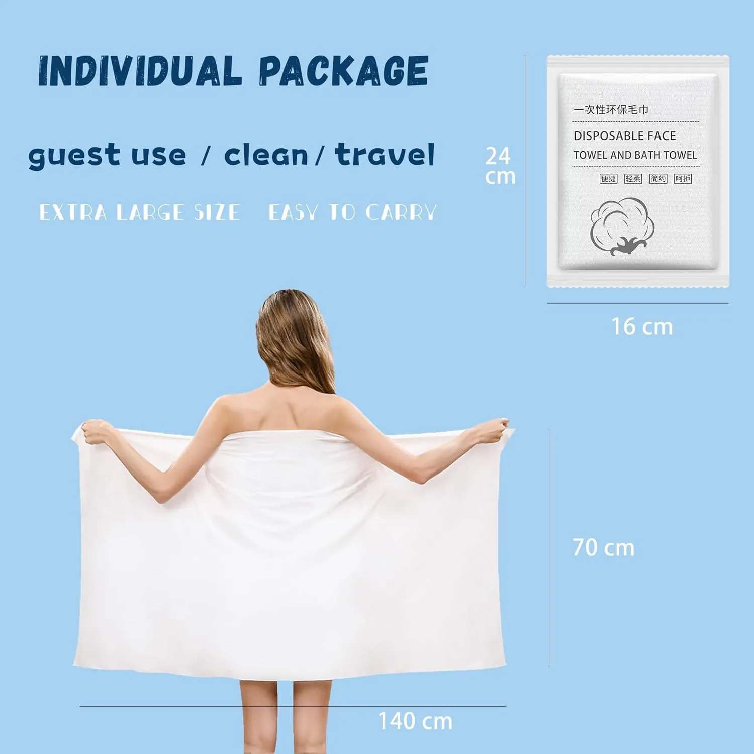 Disposable Bath Towels, 10 Pcs Large Travel Towel 55 * 28 in, Compressed Portable Washcloths for Beach, Shower, Hiking, Swim, Hotel, Camping - Travel Essentials