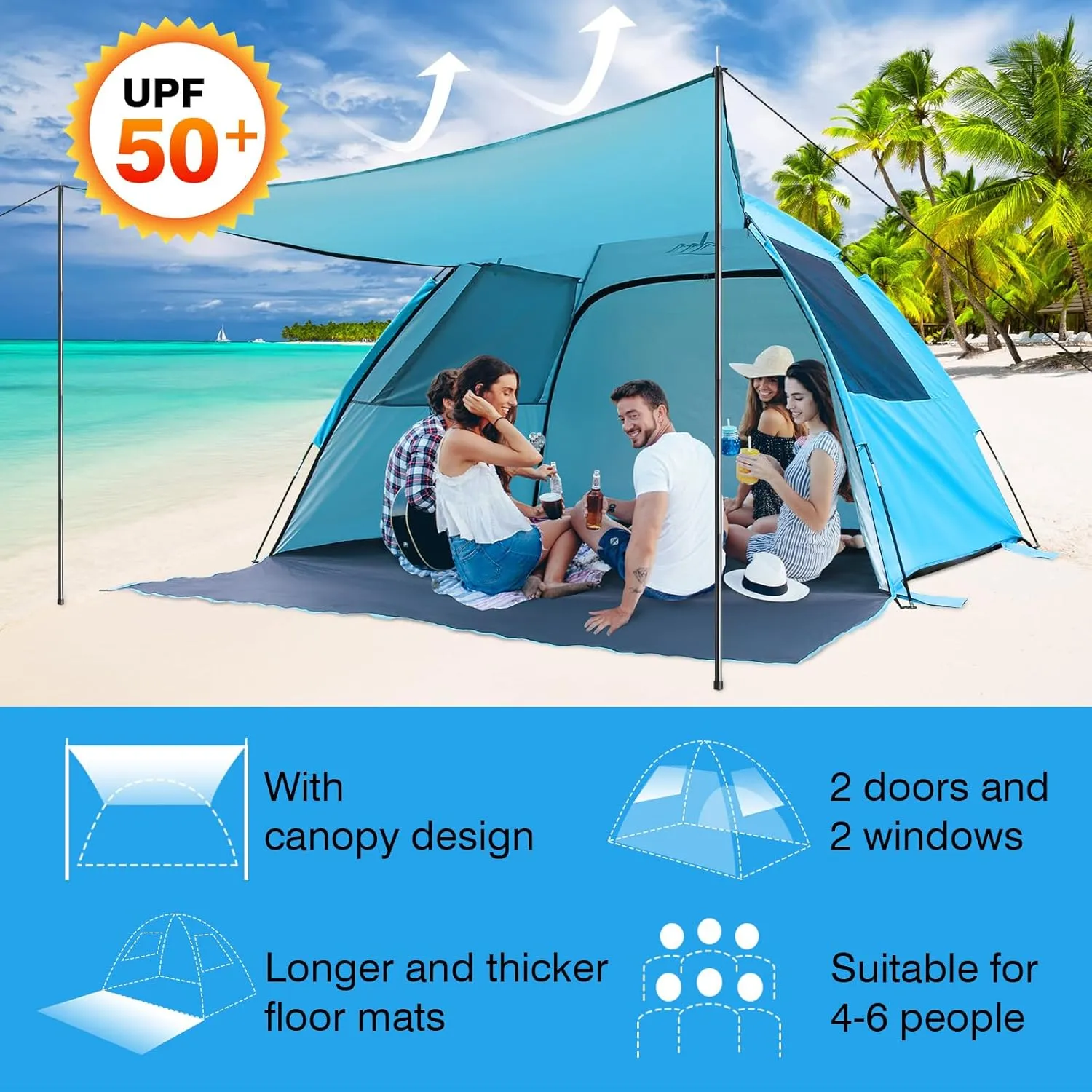 DLUCKY Beach Tent for 1/2/3/4/5/6 Person,Anti-UV Portable Sun Shade ShelterUPF 50 ,Both Sides Extendable Floor,Extendable Awning,with 2 Ventilating Mesh Windows,Lightweight & Easy Setup.