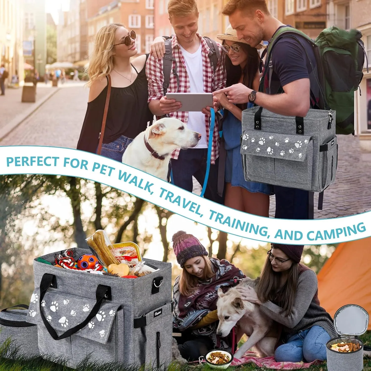 Dog Travel Bag - Airline Approved, 2 Dog Food Containers & Collapsible Bowls, Weekend & Overnight Pet Travel Kit
