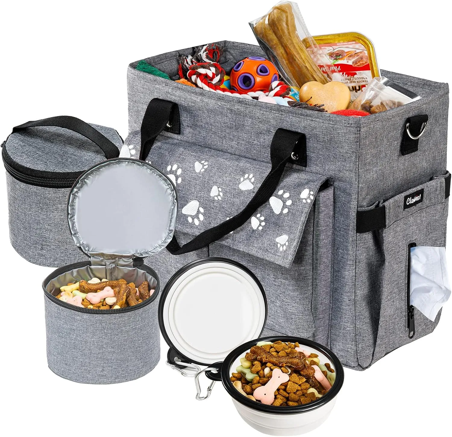 Dog Travel Bag - Airline Approved, 2 Dog Food Containers & Collapsible Bowls, Weekend & Overnight Pet Travel Kit