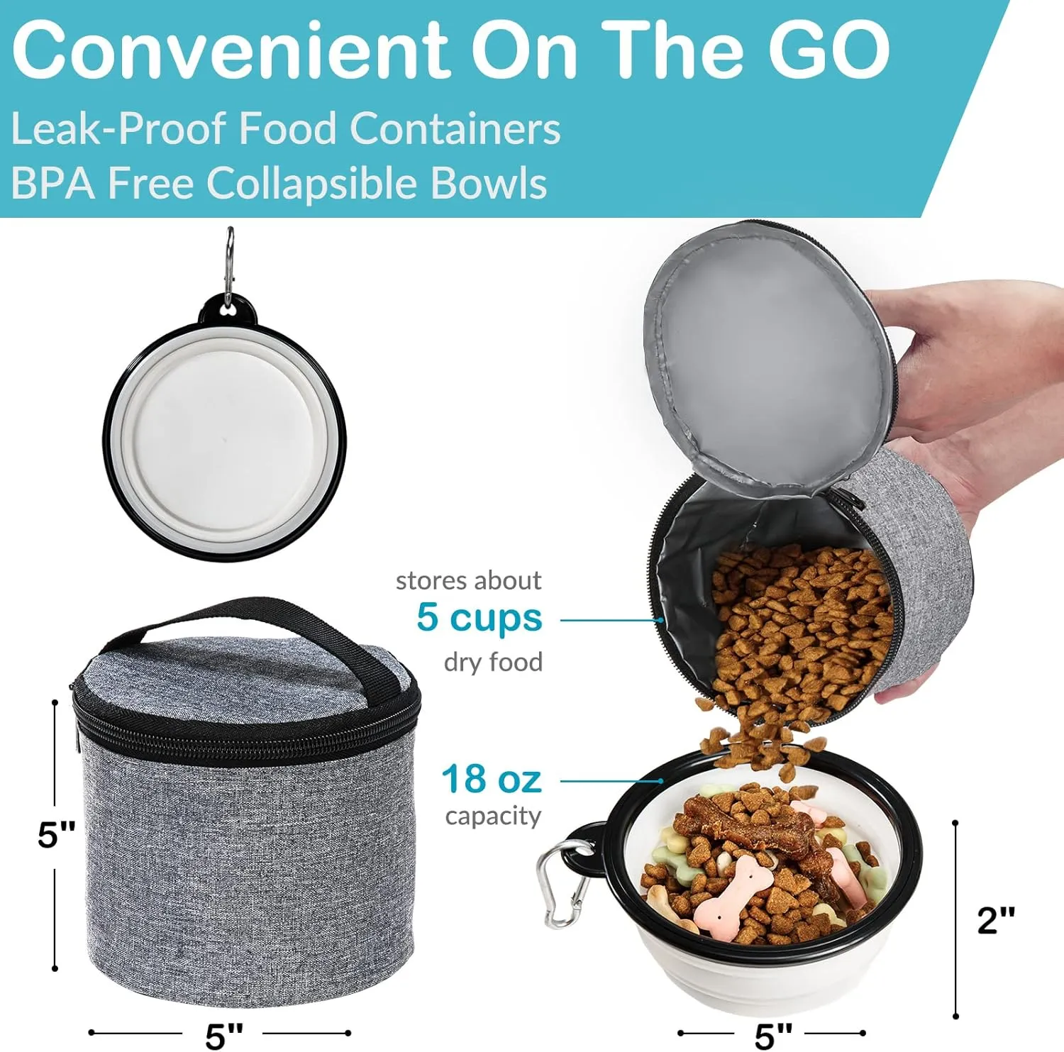 Dog Travel Bag - Airline Approved, 2 Dog Food Containers & Collapsible Bowls, Weekend & Overnight Pet Travel Kit