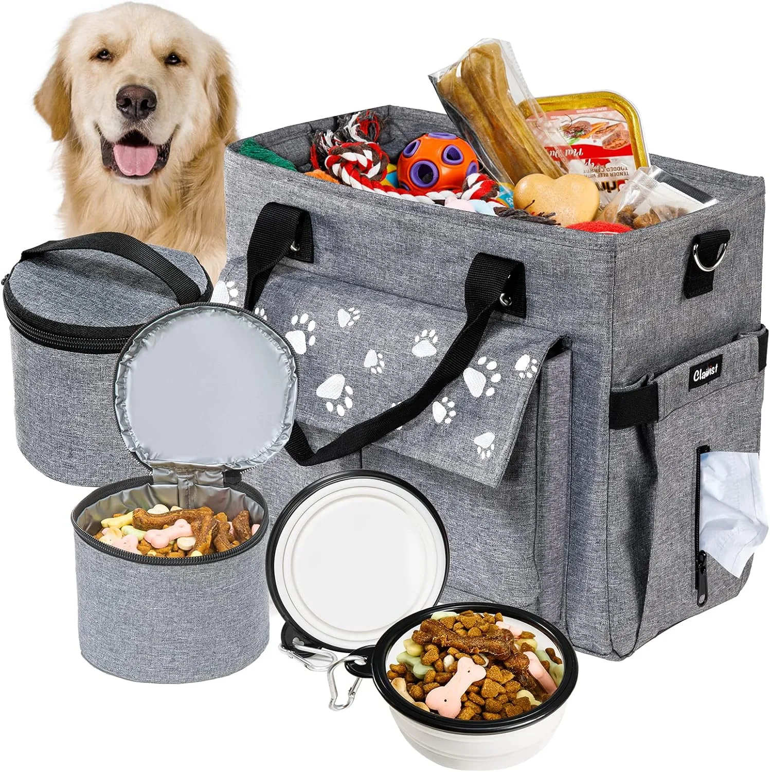 Dog Travel Bag - Airline Approved, 2 Dog Food Containers & Collapsible Bowls, Weekend & Overnight Pet Travel Kit