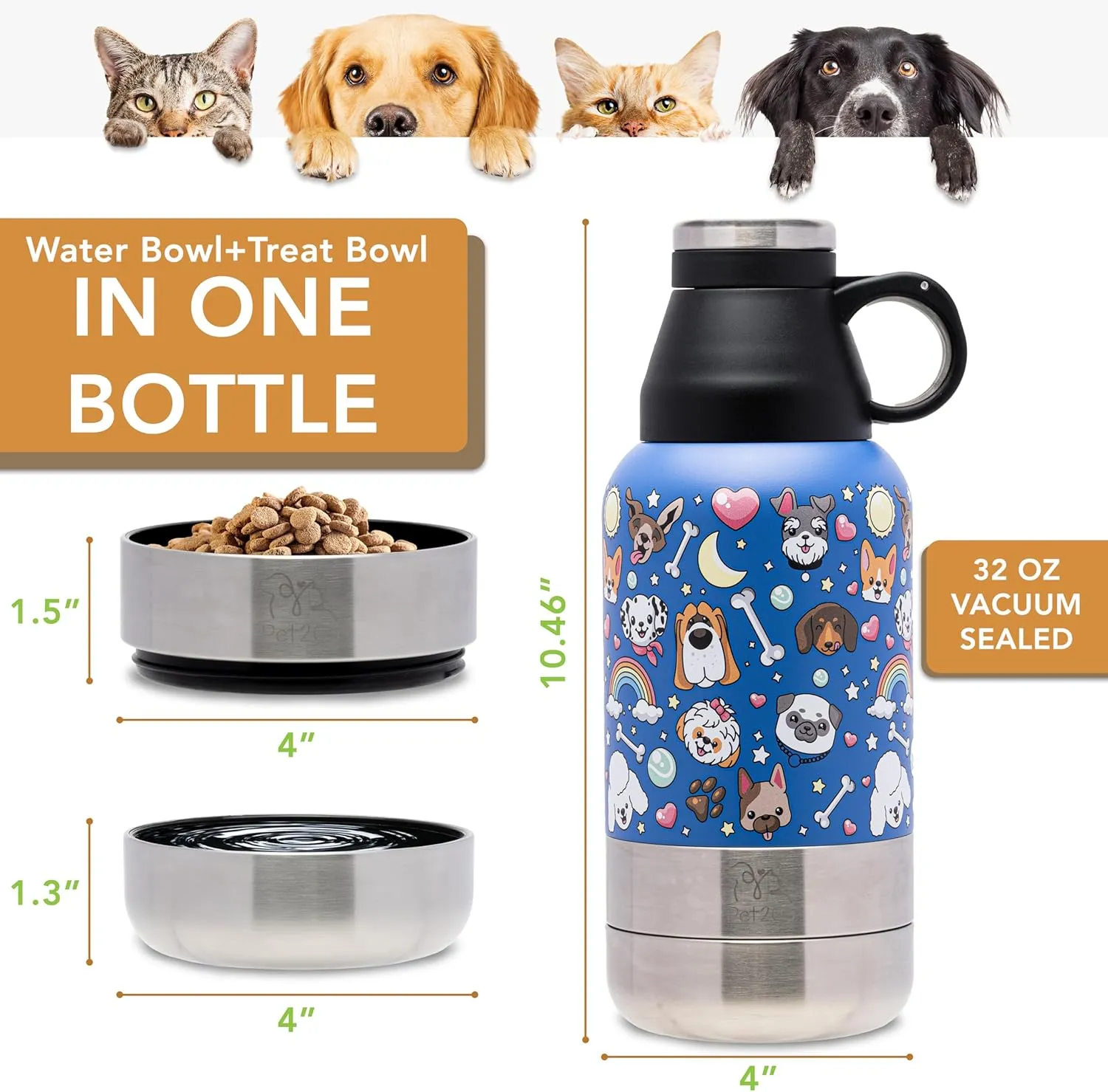 Dog Travel Water Bottle (32oz) with Treat Holder & Detachable Bowls | Insulated, Portable Stainless Steel Water Dispenser for Pets | Dog Walking Accessory | Outdoor Doggie Beach Gear (Blue)