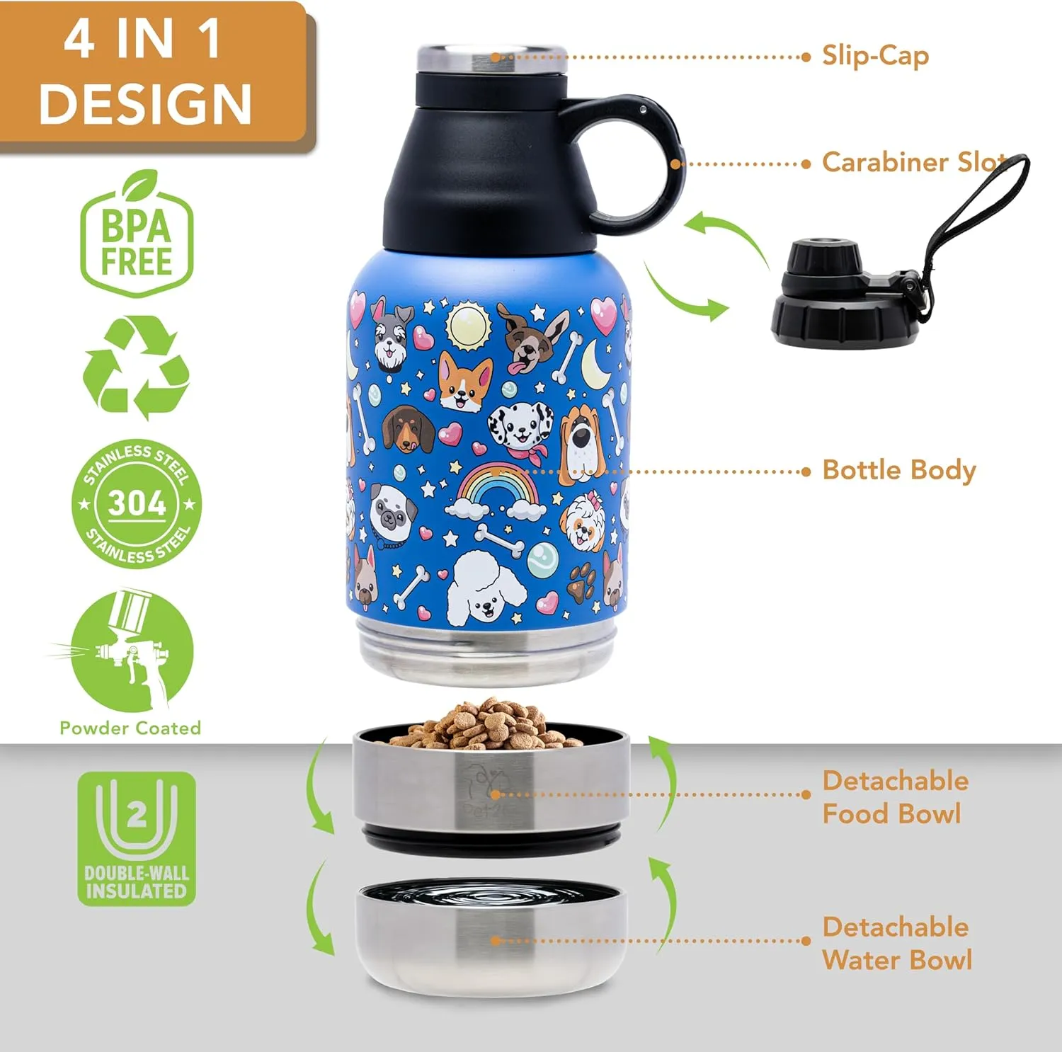 Dog Travel Water Bottle (32oz) with Treat Holder & Detachable Bowls | Insulated, Portable Stainless Steel Water Dispenser for Pets | Dog Walking Accessory | Outdoor Doggie Beach Gear (Blue)