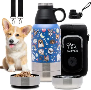 Dog Travel Water Bottle (32oz) with Treat Holder & Detachable Bowls | Insulated, Portable Stainless Steel Water Dispenser for Pets | Dog Walking Accessory | Outdoor Doggie Beach Gear (Blue)