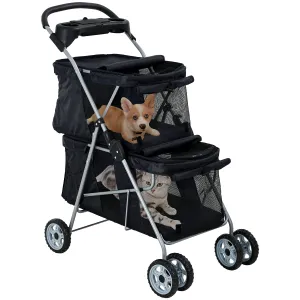 Double Pet Stroller for Cats & Dogs - 4 Wheels, Lightweight, Waterproof for Travel & City Walk (Black)