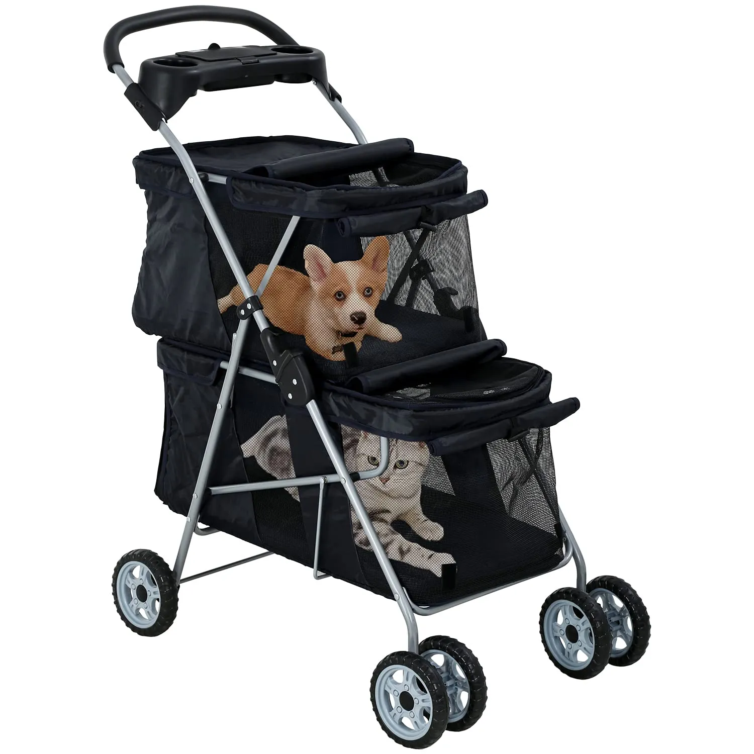 Double Pet Stroller for Cats & Dogs - 4 Wheels, Lightweight, Waterproof for Travel & City Walk (Black)