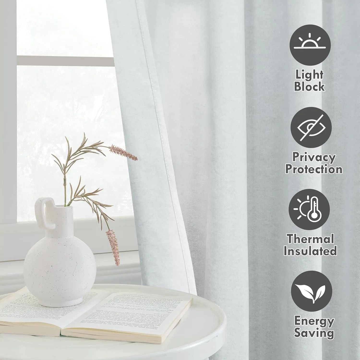 DriftAway 100% Blackout Curtain Liners for Bedroom Noice Reducing Thermal Insulated Liners for Living Room with 18 Pcs Rings 2 Panels Set for 63 Inch Long Curtains Each 50" W x 58" L Off White