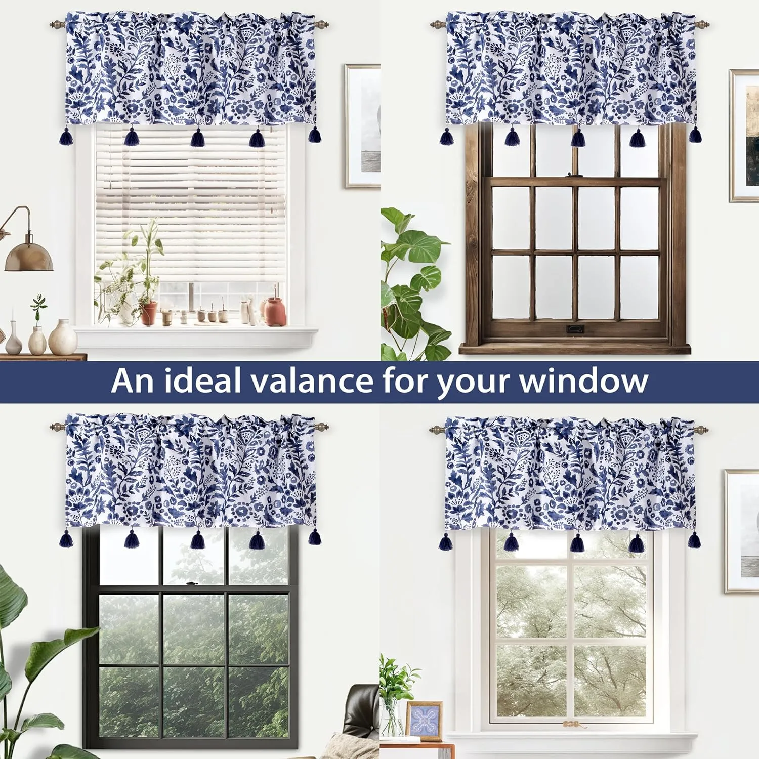 DriftAway Julia Lined Valance Double Layer Thermal Insulated Room Darkening Blackout Valances 3 Inch Rod Pocket Window Valance with Handmade Tassels for Bathroom Living Room 52 Inch by 18 Inch Navy