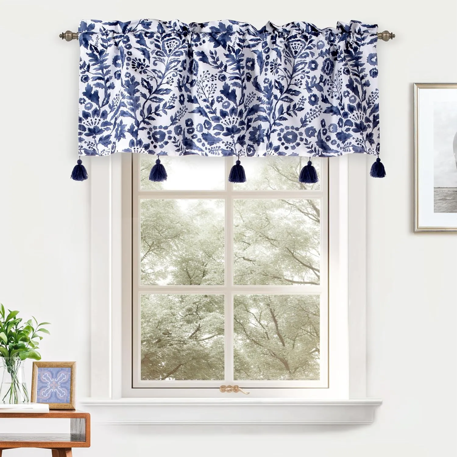 DriftAway Julia Lined Valance Double Layer Thermal Insulated Room Darkening Blackout Valances 3 Inch Rod Pocket Window Valance with Handmade Tassels for Bathroom Living Room 52 Inch by 18 Inch Navy