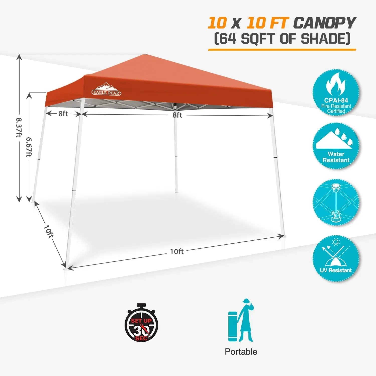 EAGLE PEAK 10x10 Slant Leg Pop-up Canopy Tent Easy One Person Setup Instant Outdoor Beach Canopy Folding Portable Sports Shelter 10x10 Base 8x8 Top (Brick Red)