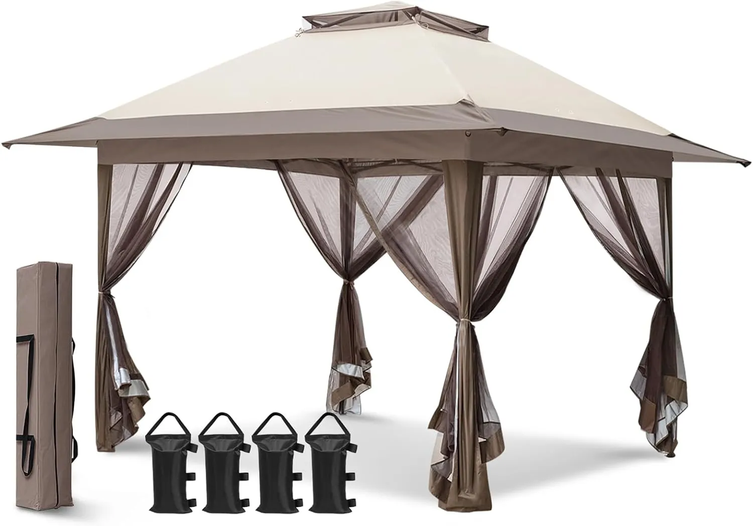 EAGLE PEAK 13x13 Pop Up Gazebo with Mesh Netting, Easy Up Screened Canopy for Patio and Backyard, Easy Set up Outdoor Gazebo (Beige/Brown)