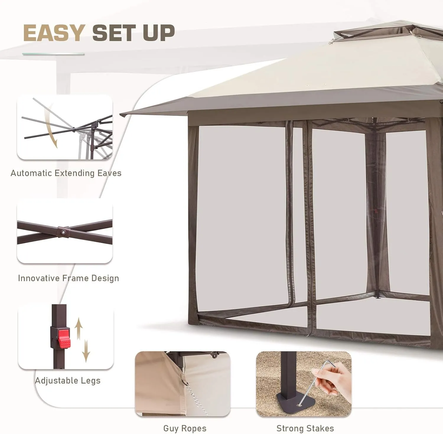 EAGLE PEAK 13x13 Pop Up Gazebo with Mesh Netting, Easy Up Screened Canopy for Patio and Backyard, Easy Set up Outdoor Gazebo (Beige/Brown)