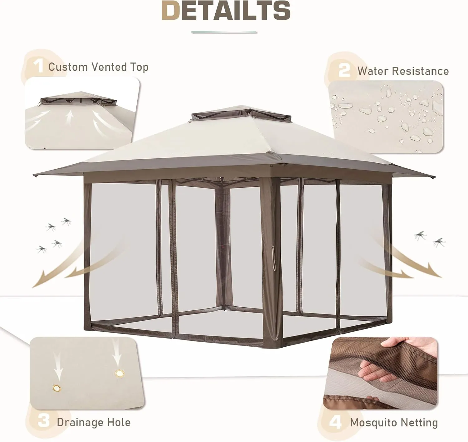 EAGLE PEAK 13x13 Pop Up Gazebo with Mesh Netting, Easy Up Screened Canopy for Patio and Backyard, Easy Set up Outdoor Gazebo (Beige/Brown)