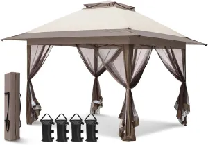 EAGLE PEAK 13x13 Pop Up Gazebo with Mesh Netting, Easy Up Screened Canopy for Patio and Backyard, Easy Set up Outdoor Gazebo (Beige/Brown)