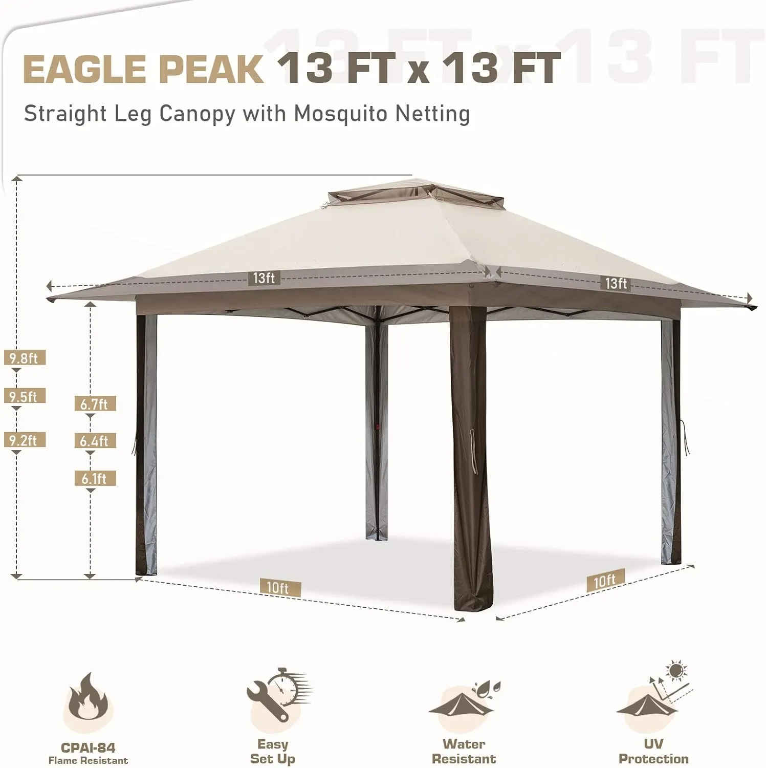 EAGLE PEAK 13x13 Pop Up Gazebo with Mesh Netting, Easy Up Screened Canopy for Patio and Backyard, Easy Set up Outdoor Gazebo (Beige/Brown)
