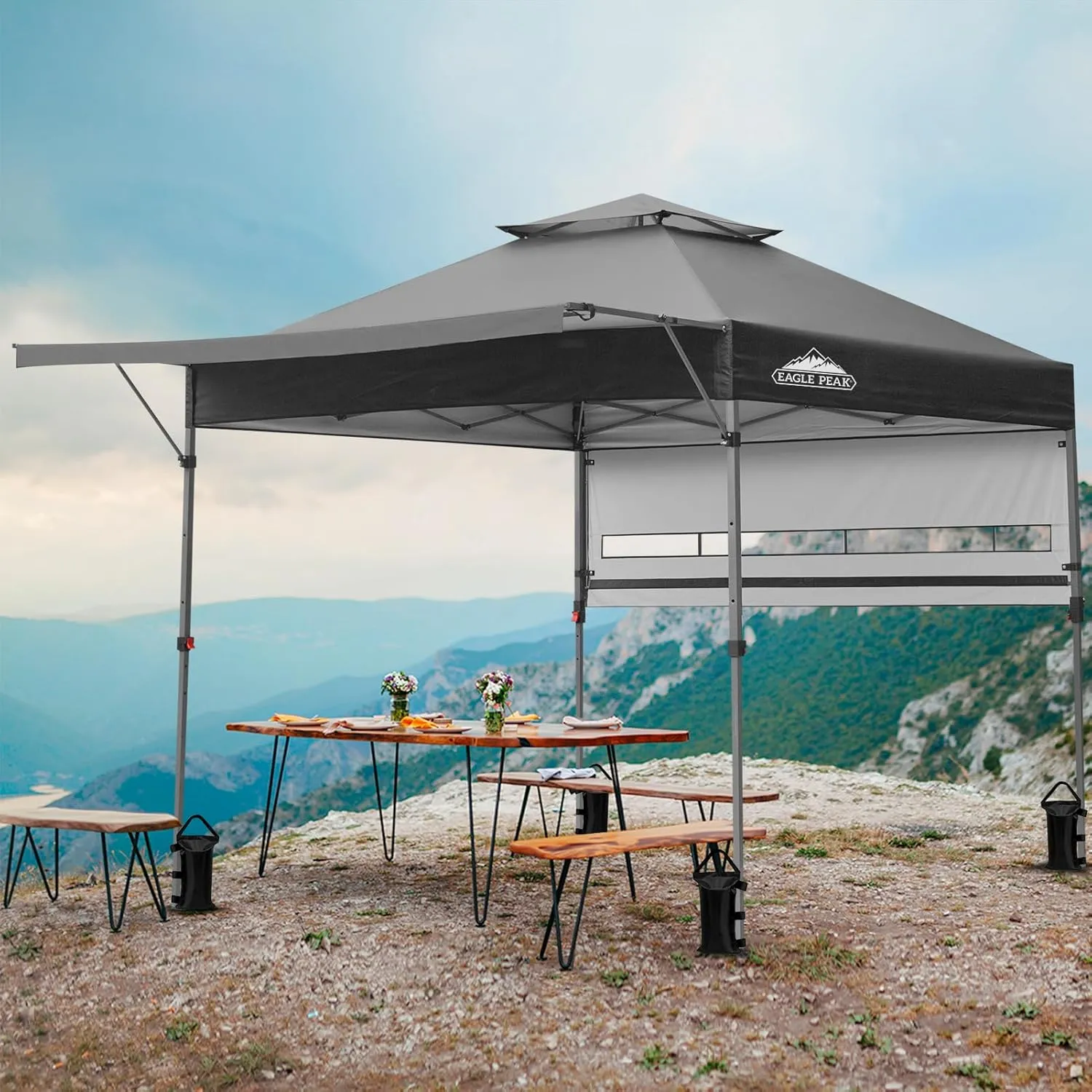 EAGLE PEAK 17x10 Pop up Gazebo Canopy Tent Outdoor Instant Canopy Shelter with Adjustable Dual Half Awnings (Gray)
