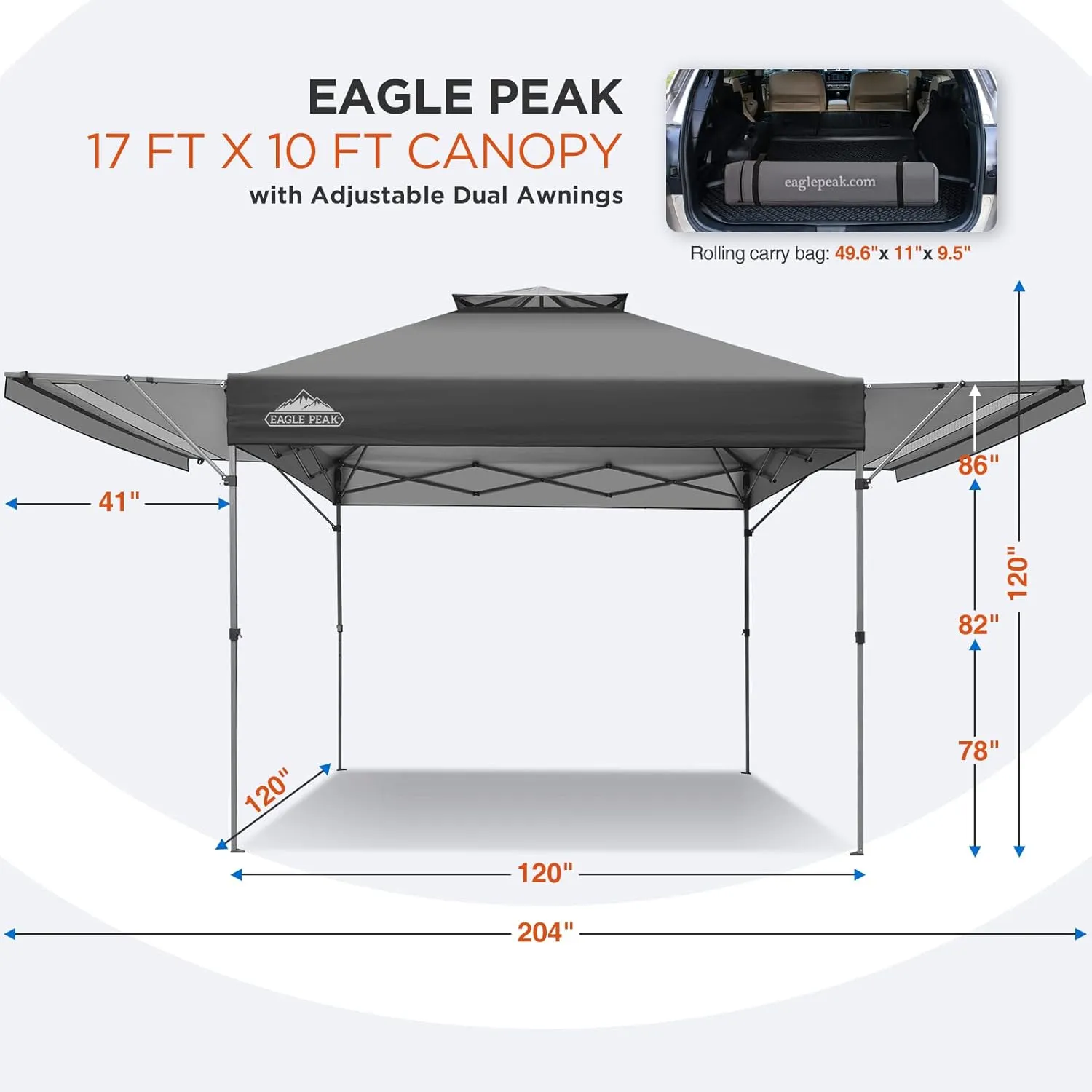 EAGLE PEAK 17x10 Pop up Gazebo Canopy Tent Outdoor Instant Canopy Shelter with Adjustable Dual Half Awnings (Gray)