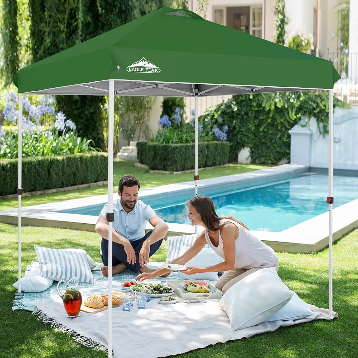 EAGLE PEAK 6.6x6.6 Pop Up Canopy Tent Instant Outdoor Canopy Easy Set Up Straight Leg Folding Shelter with Wheeled Bag, 8 Stakes and 4 Ropes, Green