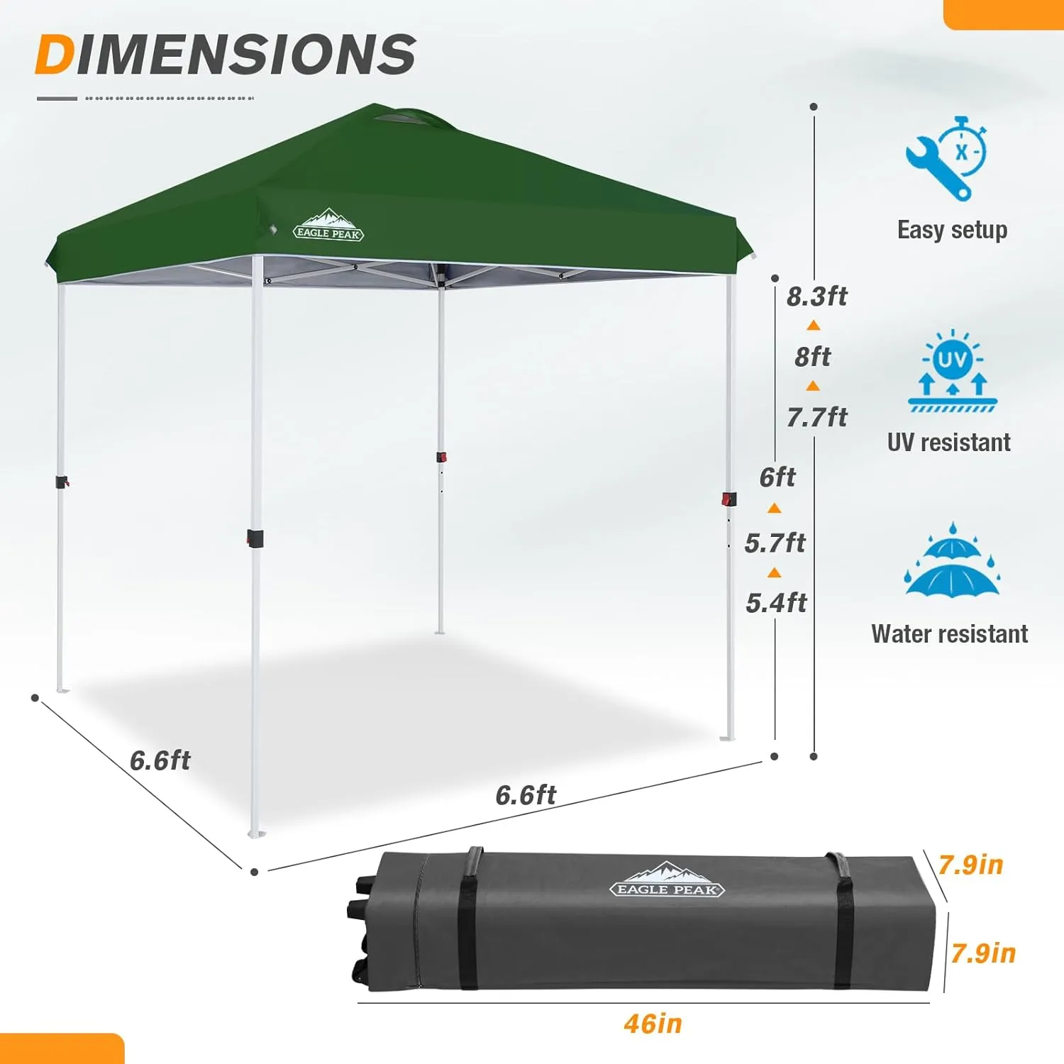 EAGLE PEAK 6.6x6.6 Pop Up Canopy Tent Instant Outdoor Canopy Easy Set Up Straight Leg Folding Shelter with Wheeled Bag, 8 Stakes and 4 Ropes, Green