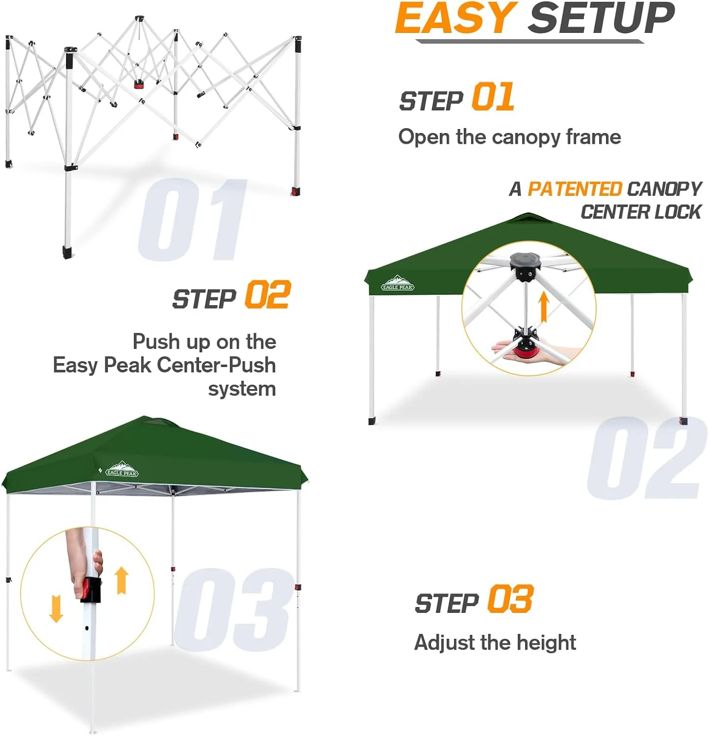EAGLE PEAK 6.6x6.6 Pop Up Canopy Tent Instant Outdoor Canopy Easy Set Up Straight Leg Folding Shelter with Wheeled Bag, 8 Stakes and 4 Ropes, Green
