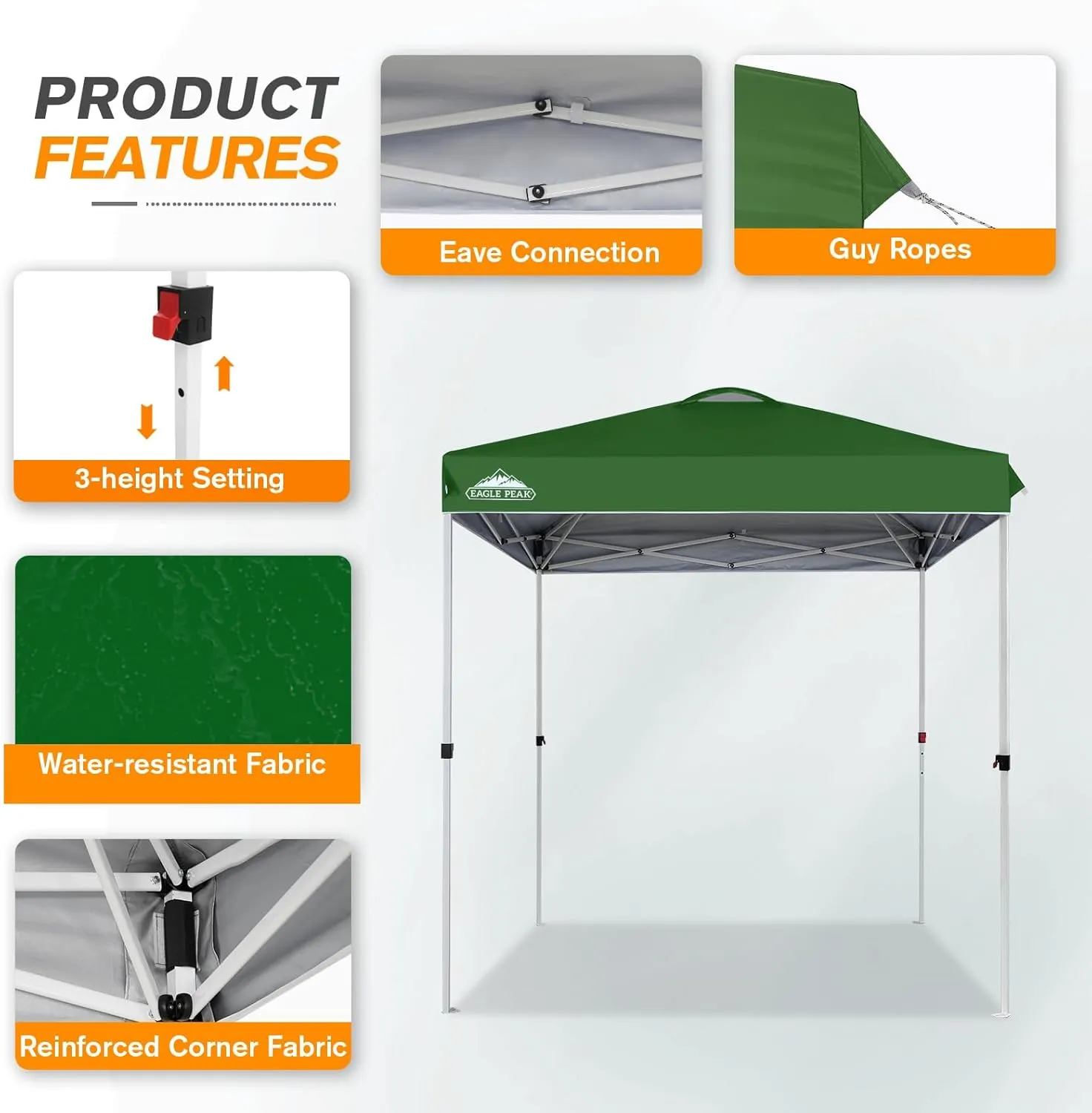 EAGLE PEAK 6.6x6.6 Pop Up Canopy Tent Instant Outdoor Canopy Easy Set Up Straight Leg Folding Shelter with Wheeled Bag, 8 Stakes and 4 Ropes, Green