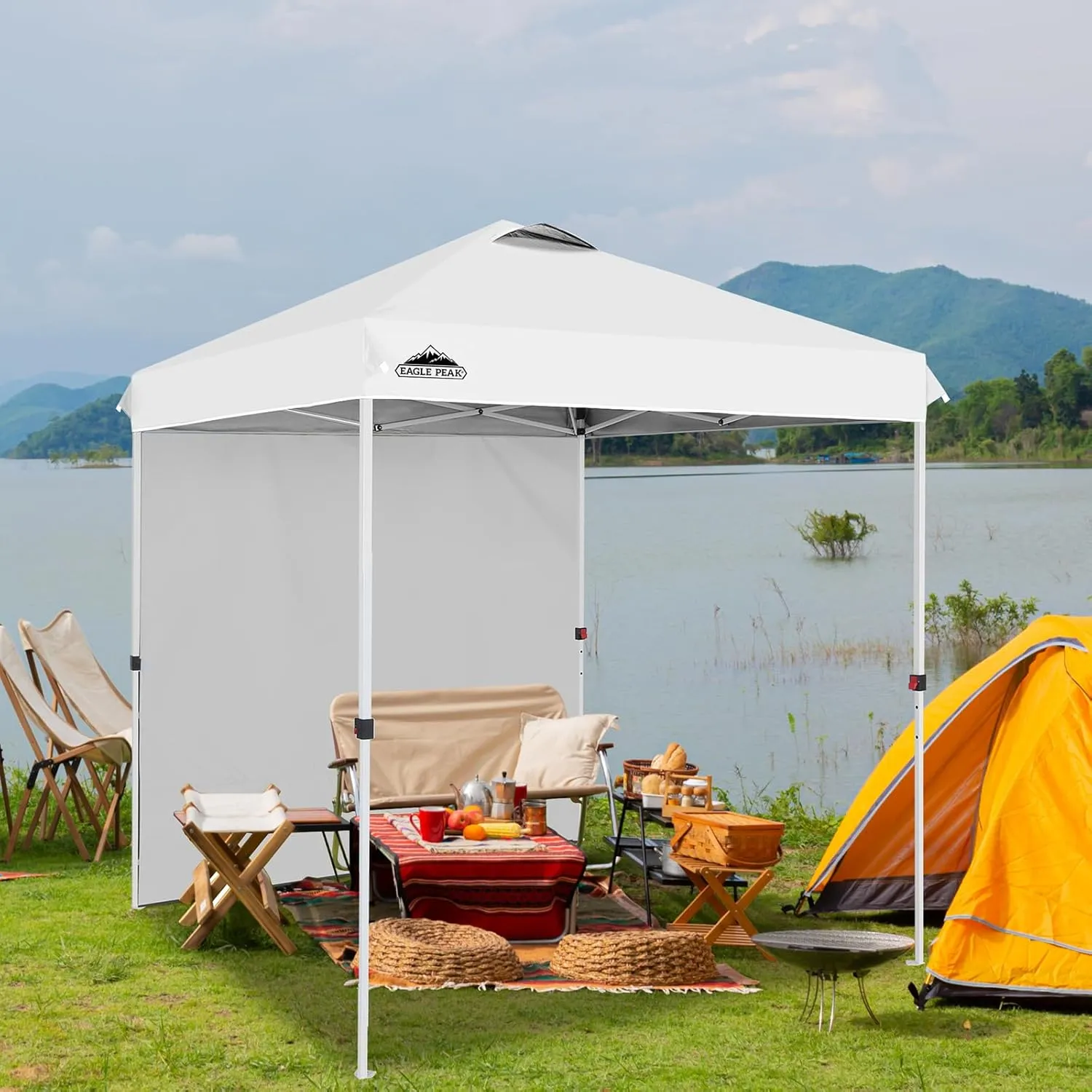 EAGLE PEAK Pop Up Canopy Tent with 1 Sidewall, Easy Setup Event Tent, Outdoor Sun Shade, Wheeled Carry Bag, Stakes and Guy Ropes, Instant Canopy 6.6x6.6, White