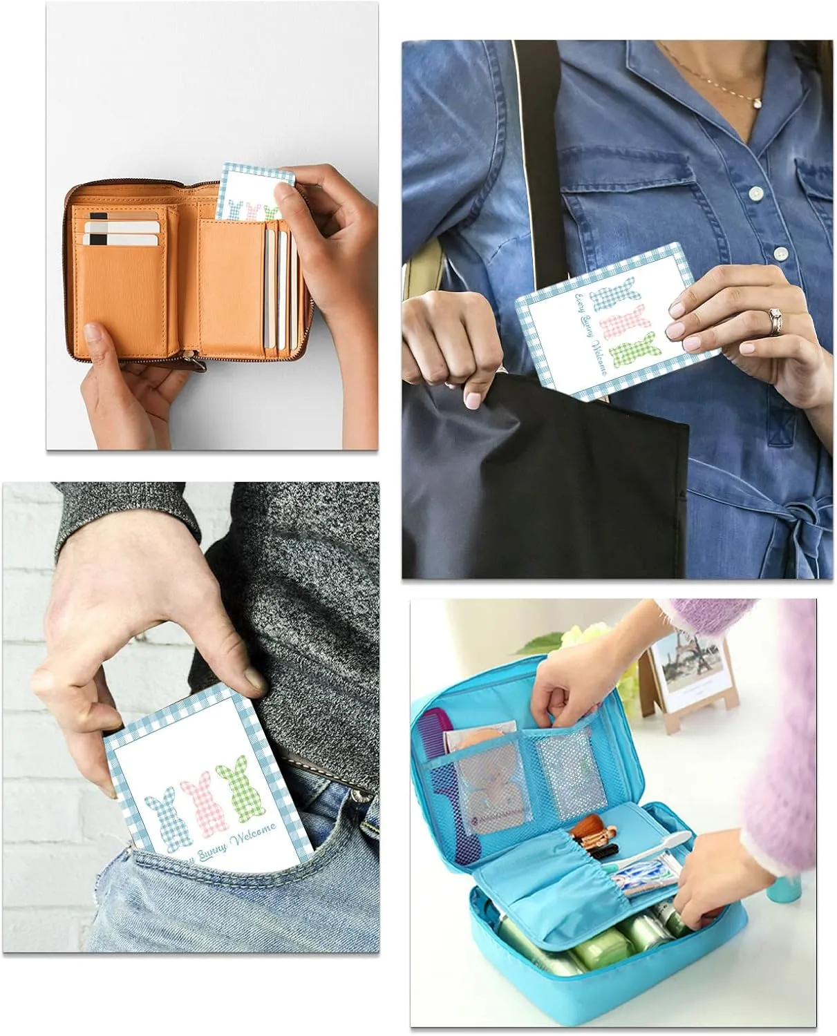Easter Every Bunny Welcome Compact Mirror Bulk 4 Pack Card Mirror, Blue Checkered Small Compact Mirror for Purse, Rectangular Handheld Pocket Makeup Mirror